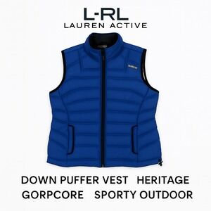 L-RL Ralph Lauren Active Women's L Down Puffer Vest Sporty Blue Yellow Dopamine‎